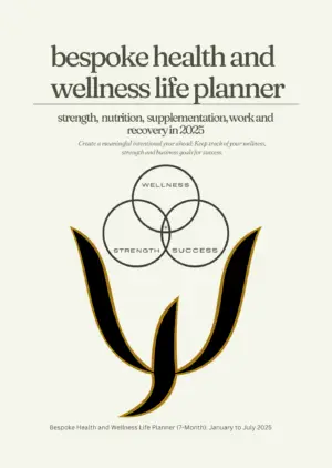 Cover of a bespoke planner for busy professionals in 2025, featuring the words "wellness," "strength," and "success" intertwined in circles with a stylized plant graphic below.